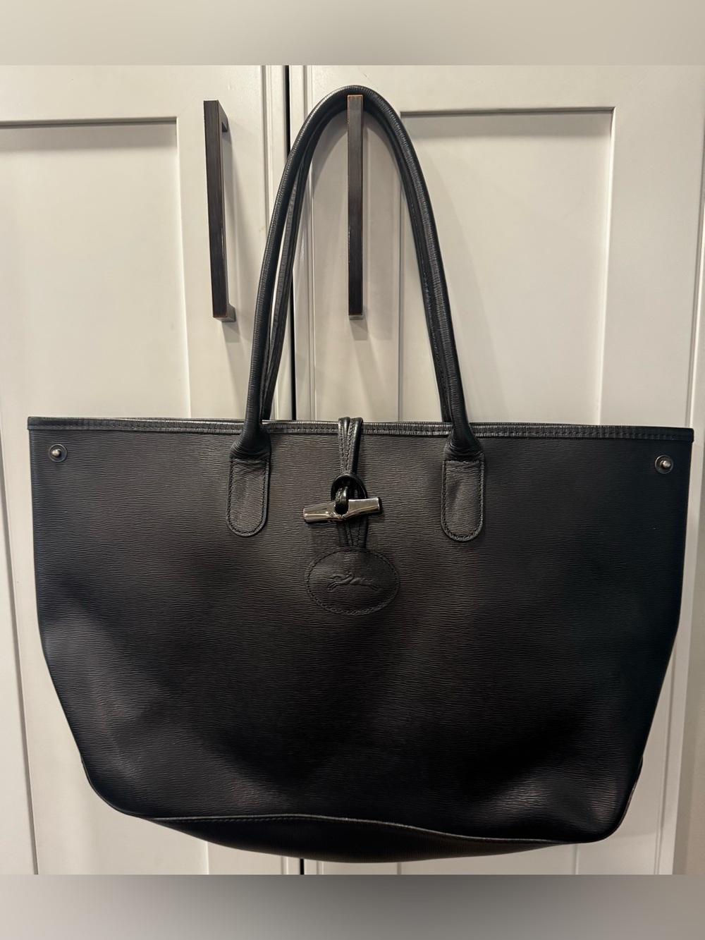 Longchamp Roseau Black Leather Tote Bag Logo Embossed A4 Shoulder Authentic